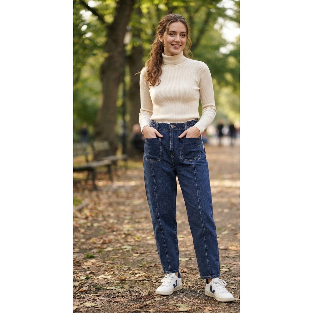 Zara High Waisted Seamed Tapered Jeans Blue Denim Elastic Waist Size 4